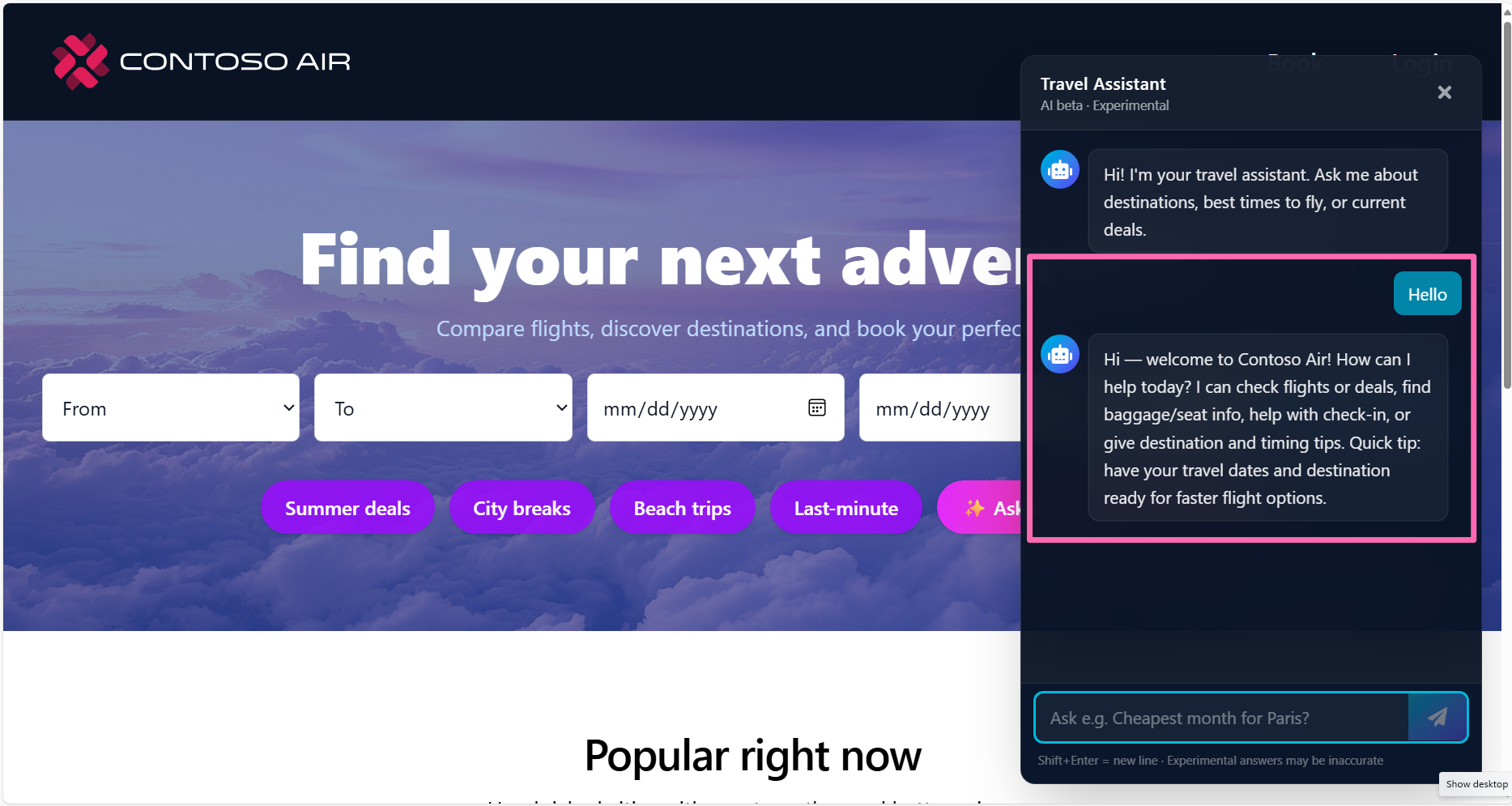 Contoso Air flight booking success