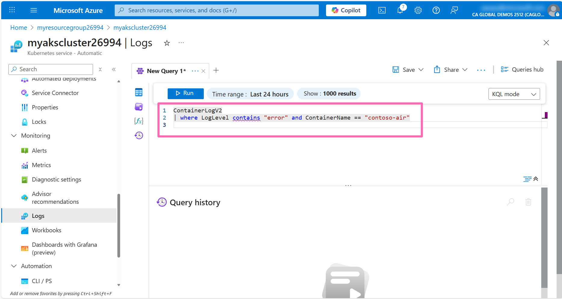 Contoso Air error log query