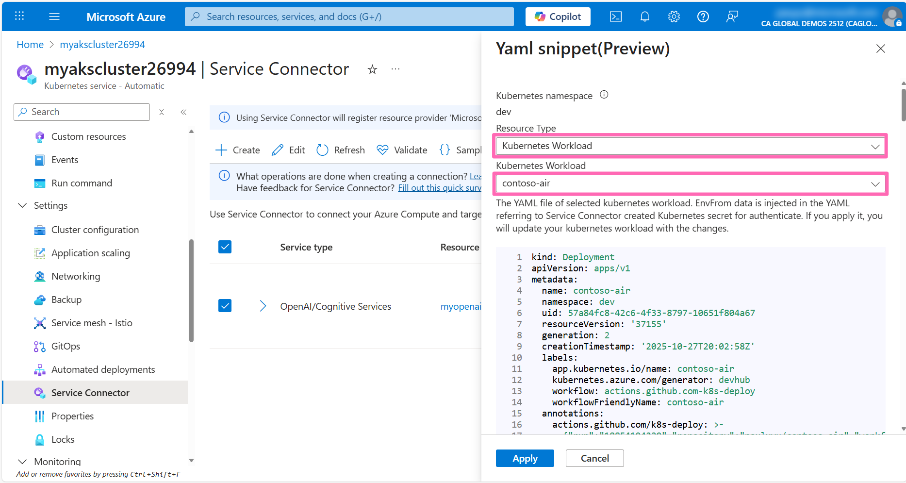 AKS service connector yaml snippet for contoso-air