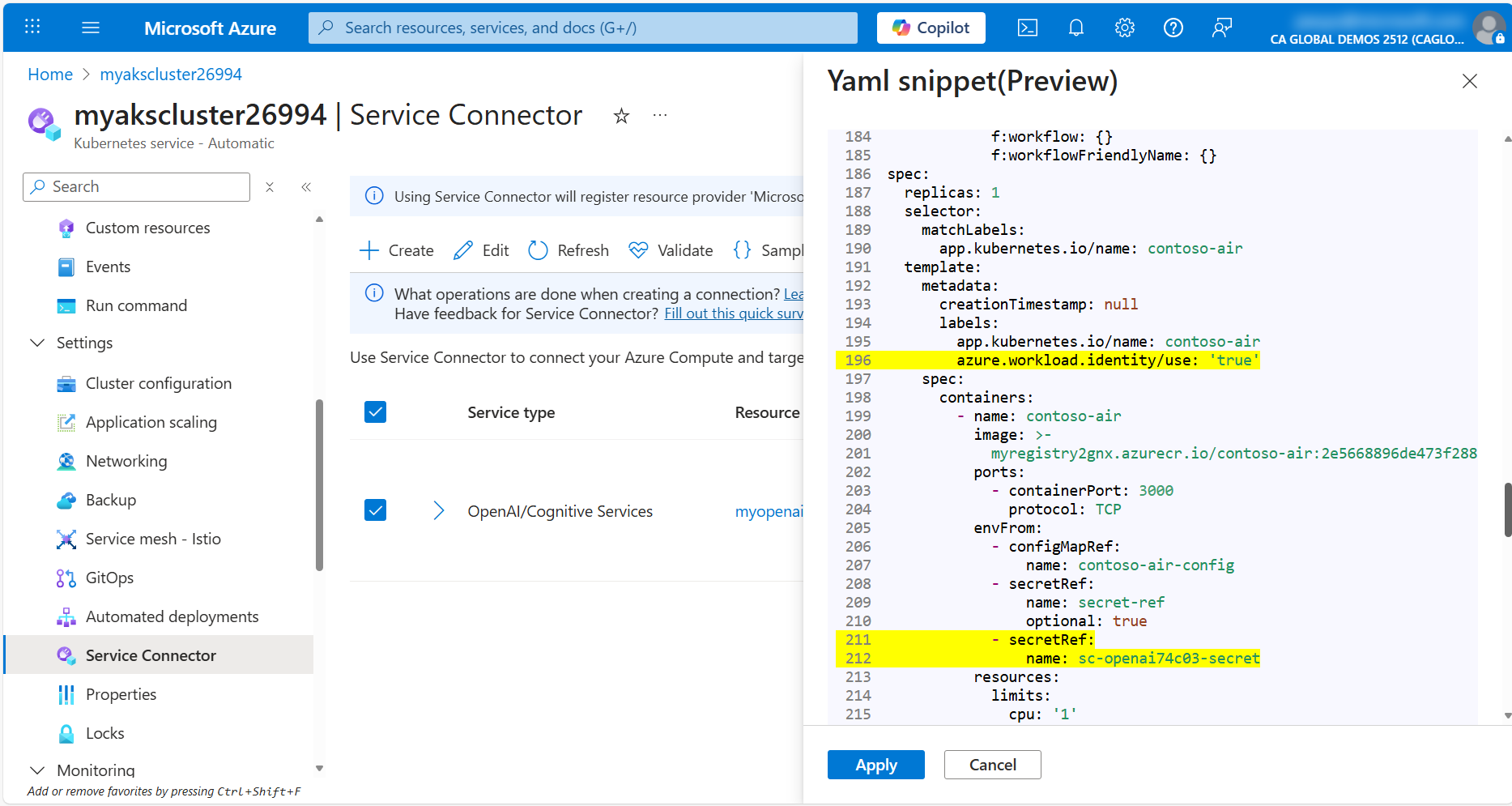 AKS service connector yaml snippet highlights